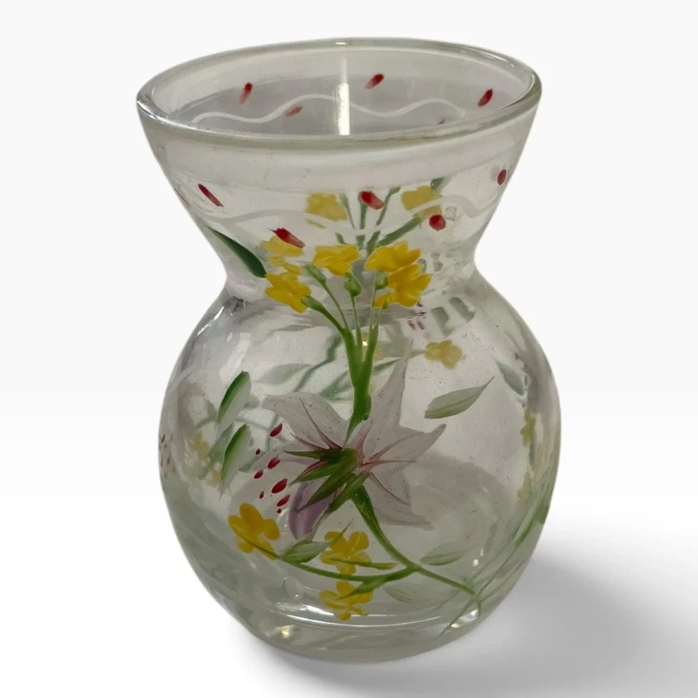 Small Hand-Painted Floral Glass Vase Clear Yellow Red Green Bud Flower Art Decor